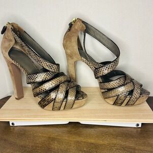 Tory Burch Venice Snakeskin Suede Platform Strappy Heels Tan‎ Brown 7.5M Exotic